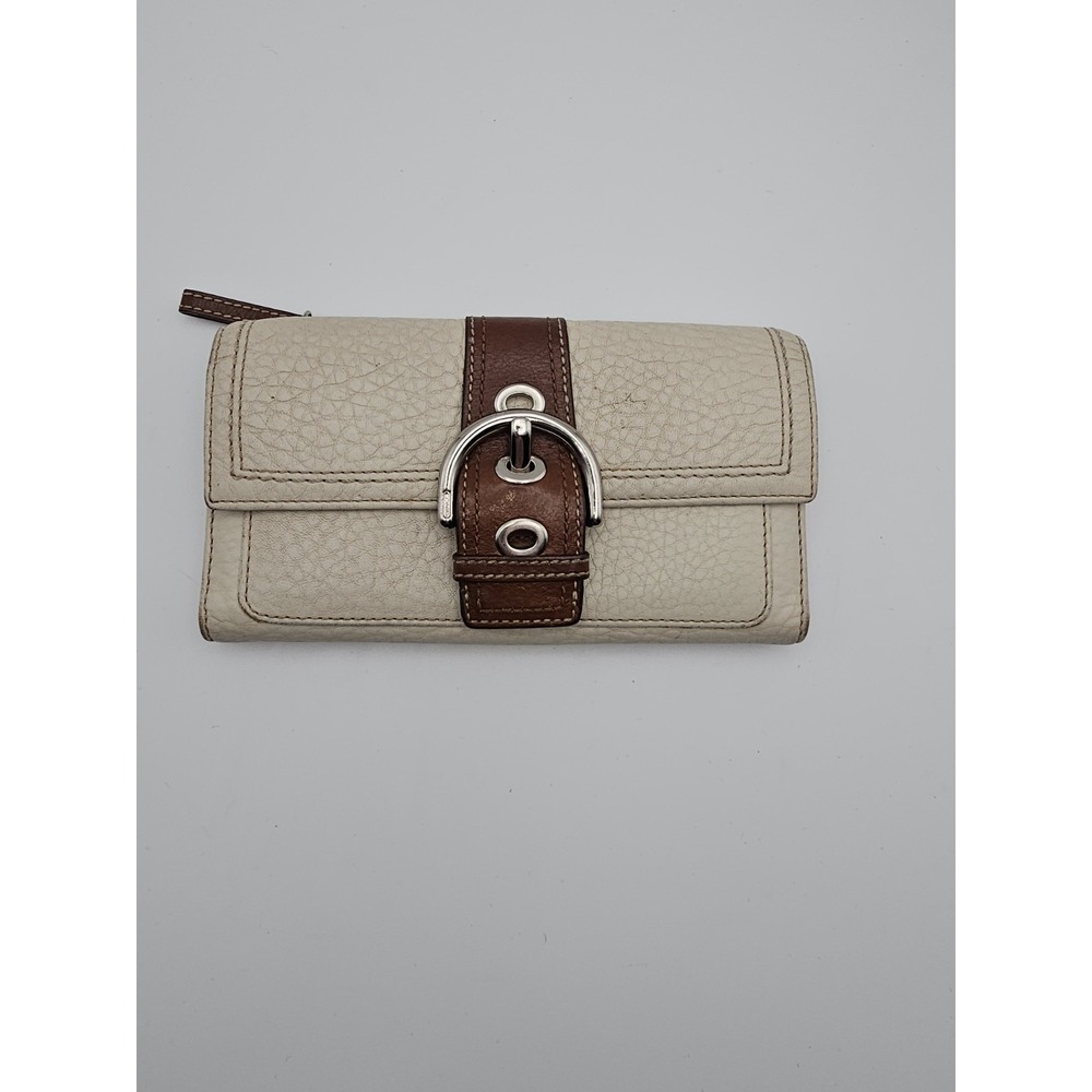 Vintage Coach Soho Buckle Signature Cream Brown Leather Trifold Wallet